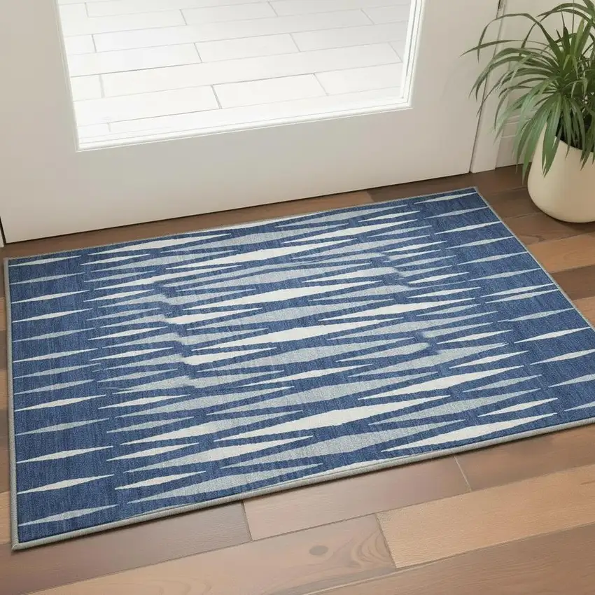 Navy Blue And Ivory Geometric Washable Area Rug With UV Protection Photo 2