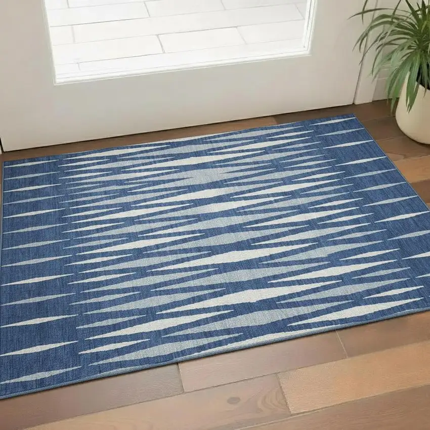 Navy Blue And Ivory Geometric Washable Area Rug With UV Protection Photo 1