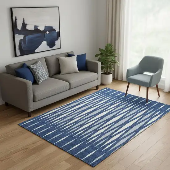 Navy Blue And Ivory Geometric Washable Area Rug With UV Protection Photo 1