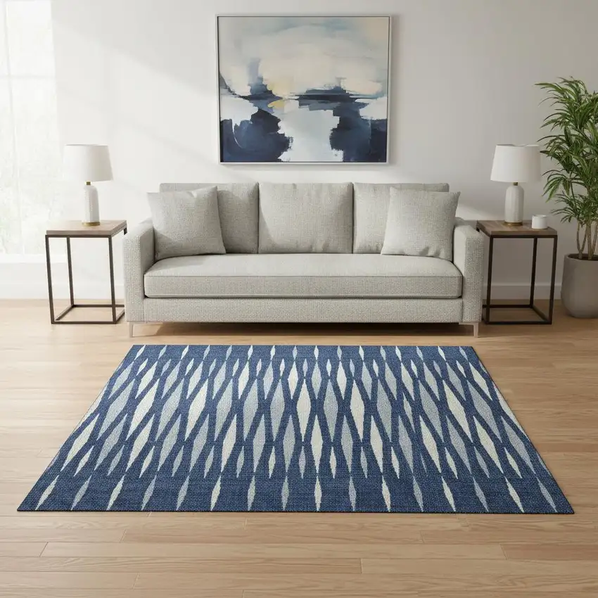 Navy Blue And Ivory Geometric Washable Area Rug With UV Protection Photo 2
