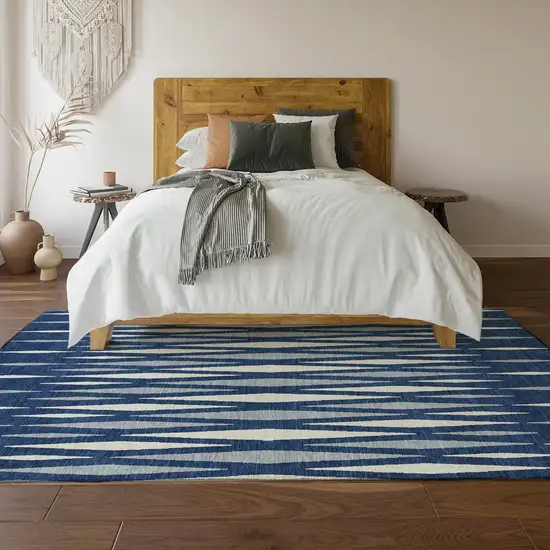 Navy Blue And Ivory Geometric Washable Area Rug With UV Protection Photo 6