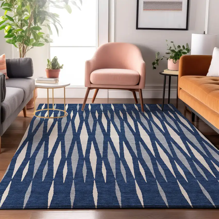 Navy Blue And Ivory Geometric Washable Area Rug With UV Protection Photo 5