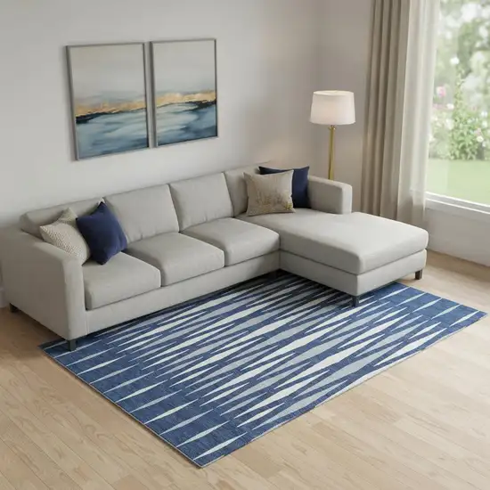 Navy Blue And Ivory Geometric Washable Area Rug With UV Protection Photo 1