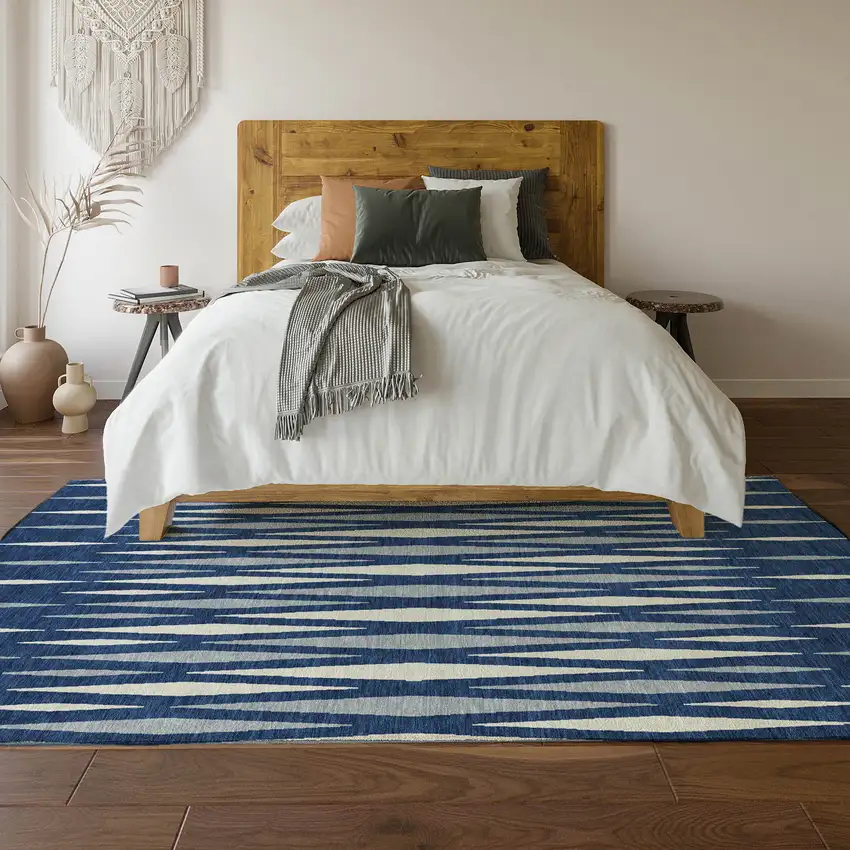 Navy Blue And Ivory Geometric Washable Area Rug With UV Protection Photo 6