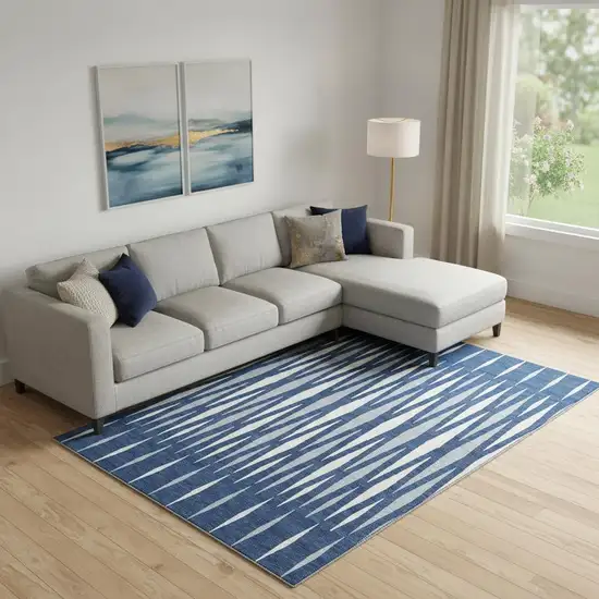 Navy Blue And Ivory Geometric Washable Area Rug With UV Protection Photo 1