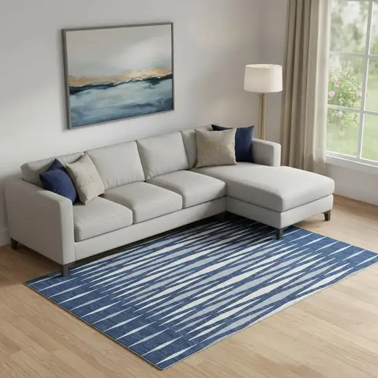 Navy Blue And Ivory Geometric Washable Area Rug With UV Protection Photo 1