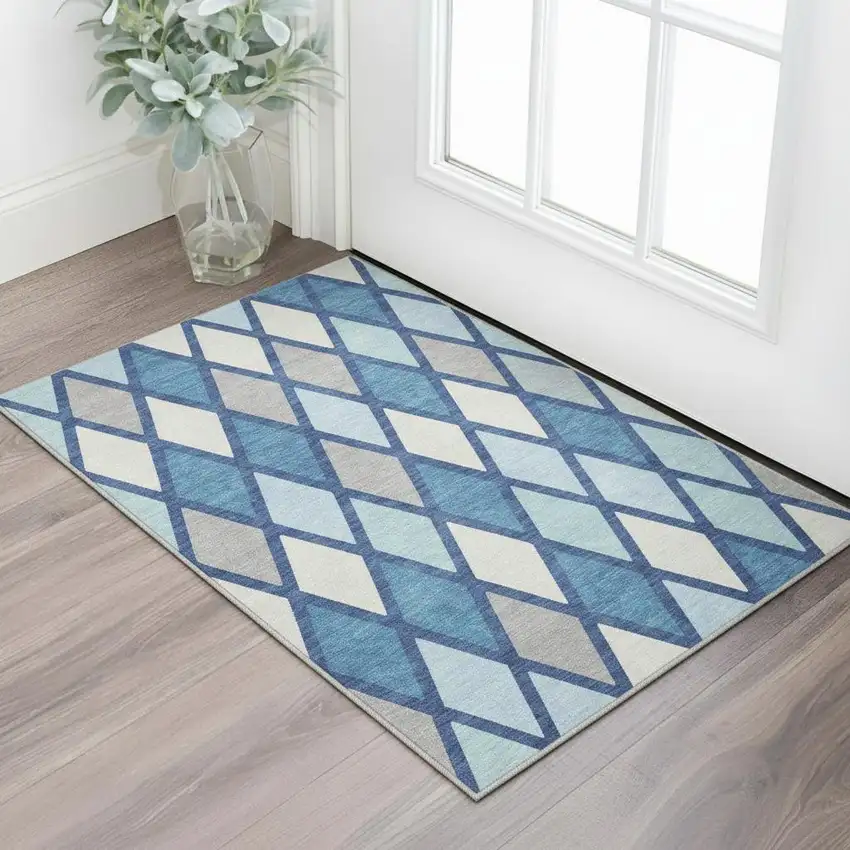 Navy Blue And Ivory Geometric Washable Area Rug With UV Protection Photo 2