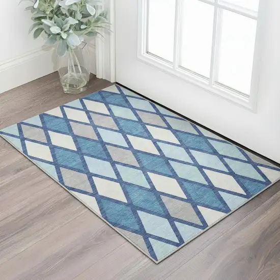 Navy Blue And Ivory Geometric Washable Area Rug With UV Protection Photo 2