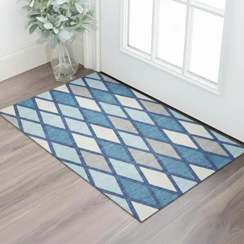 Navy Blue And Ivory Geometric Washable Area Rug With UV Protection Photo 1