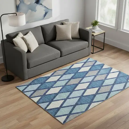 Navy Blue And Ivory Geometric Washable Area Rug With UV Protection Photo 2