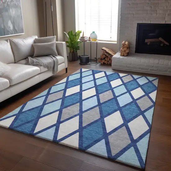 Navy Blue And Ivory Geometric Washable Area Rug With UV Protection Photo 6