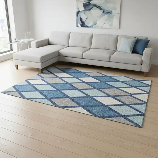 Navy Blue And Ivory Geometric Washable Area Rug With UV Protection Photo 2