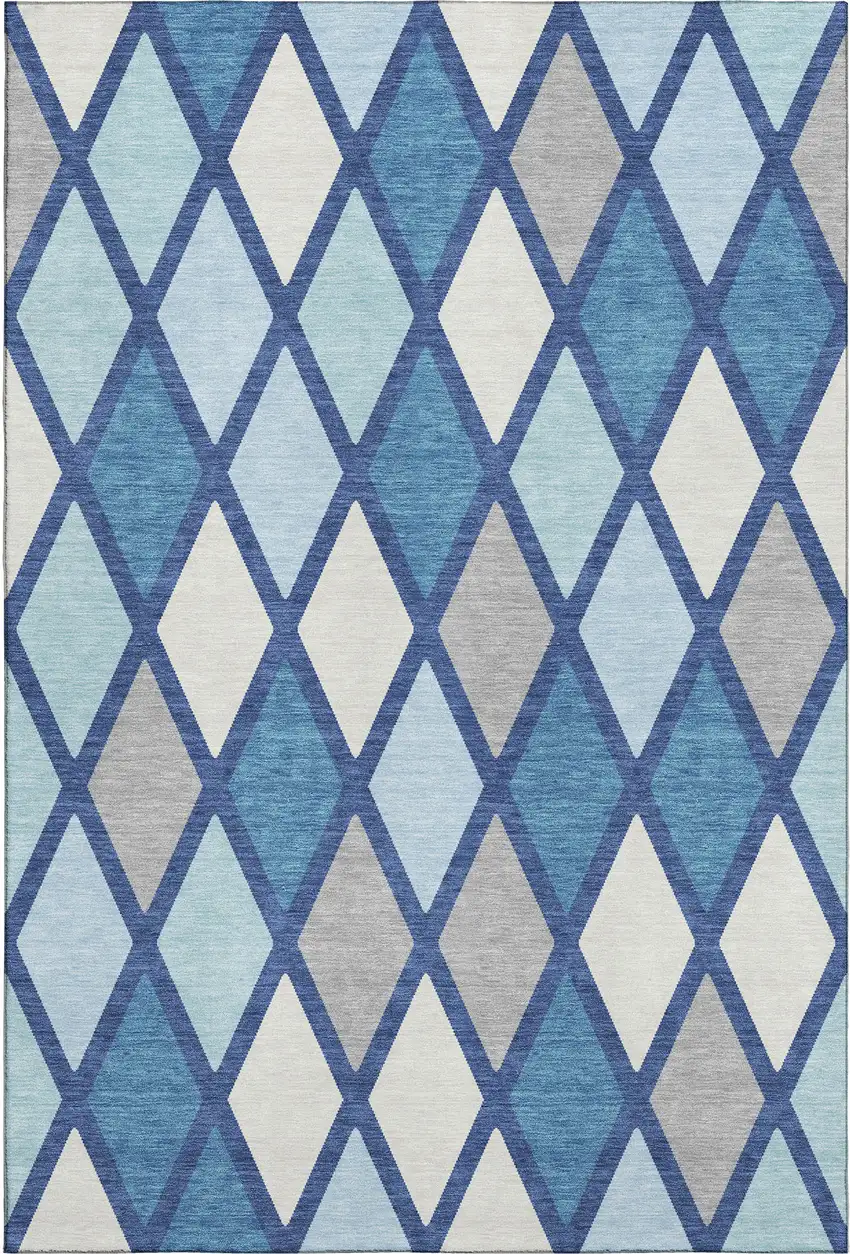 Navy Blue And Ivory Geometric Washable Area Rug With UV Protection Photo 1