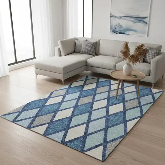 Navy Blue And Ivory Geometric Washable Area Rug With UV Protection Photo 2