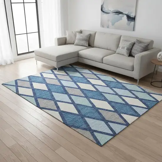 Navy Blue And Ivory Geometric Washable Area Rug With UV Protection Photo 2