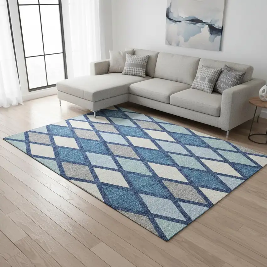 Navy Blue And Ivory Geometric Washable Area Rug With UV Protection Photo 2