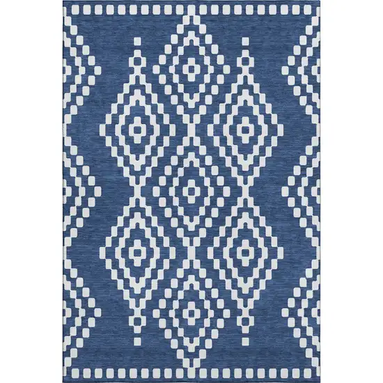 Navy Blue And Ivory Geometric Washable Area Rug With UV Protection Photo 7