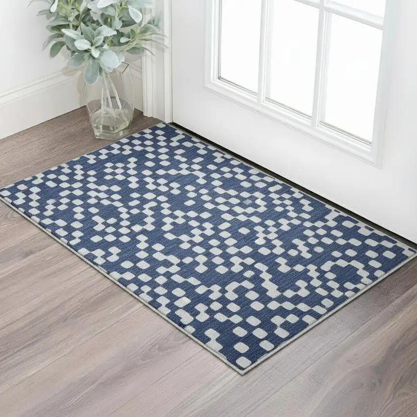 Navy Blue And Ivory Geometric Washable Area Rug With UV Protection Photo 2