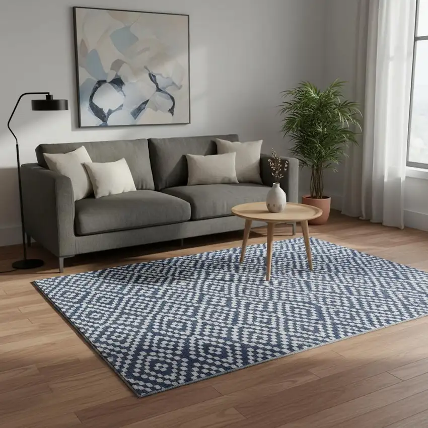 Navy Blue And Ivory Geometric Washable Area Rug With UV Protection Photo 2