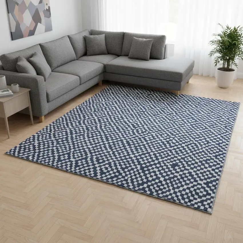 Navy Blue And Ivory Geometric Washable Area Rug With UV Protection Photo 2