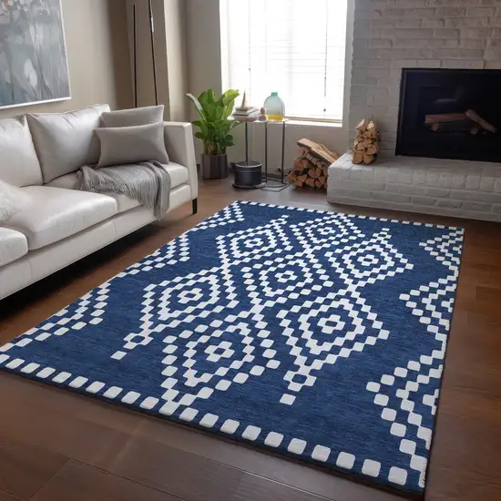 Navy Blue And Ivory Geometric Washable Area Rug With UV Protection Photo 6