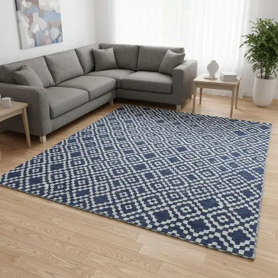 Navy Blue And Ivory Geometric Washable Area Rug With UV Protection Photo 2