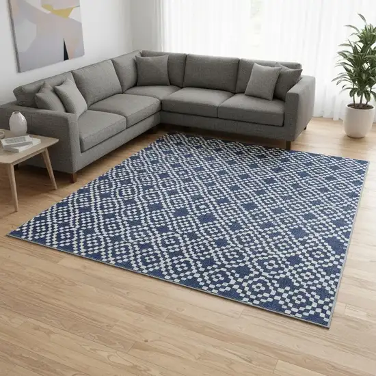 Navy Blue And Ivory Geometric Washable Area Rug With UV Protection Photo 2