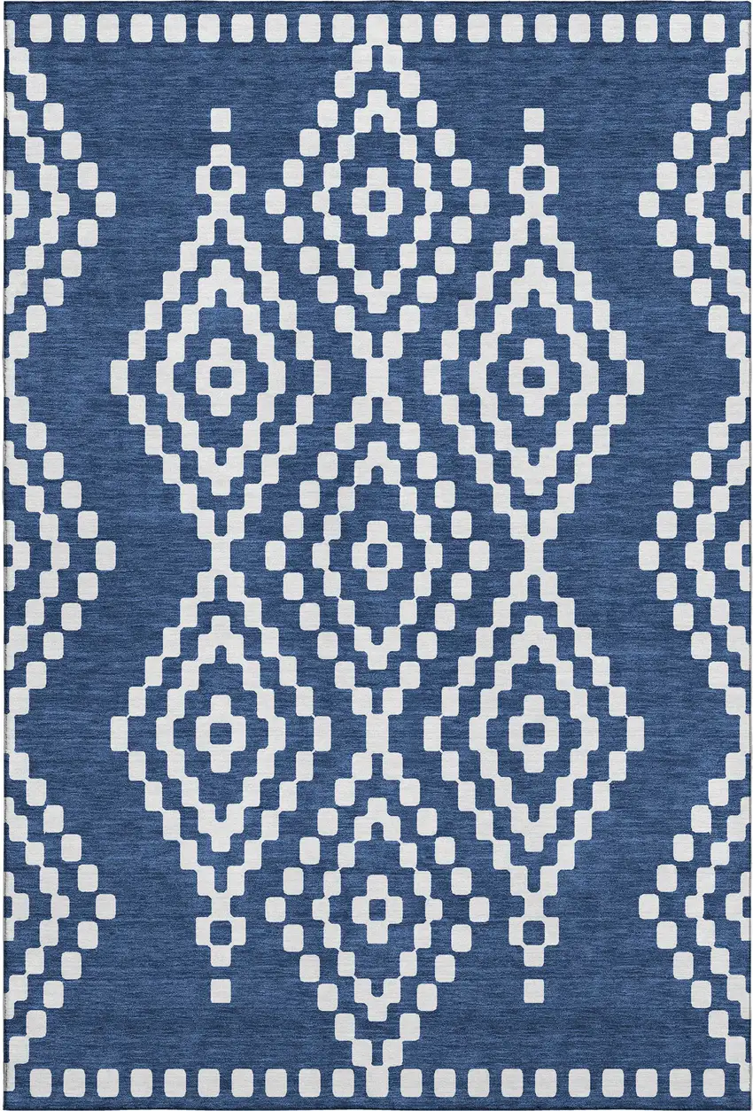 Navy Blue And Ivory Geometric Washable Area Rug With UV Protection Photo 7