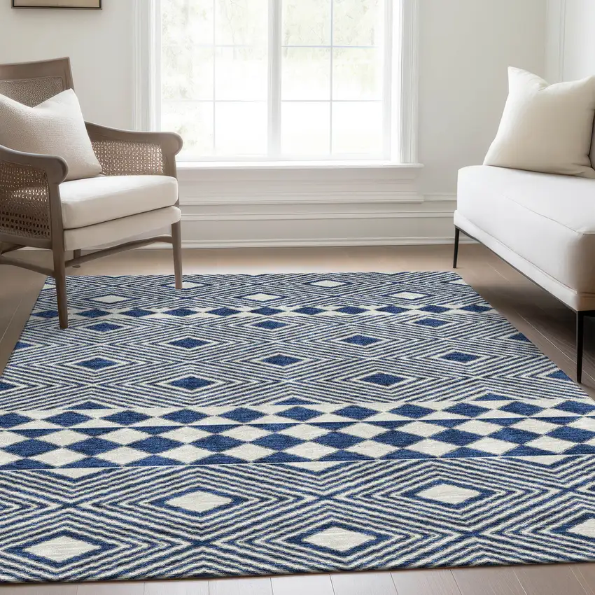 Navy Blue And Ivory Geometric Washable Area Rug With UV Protection Photo 6