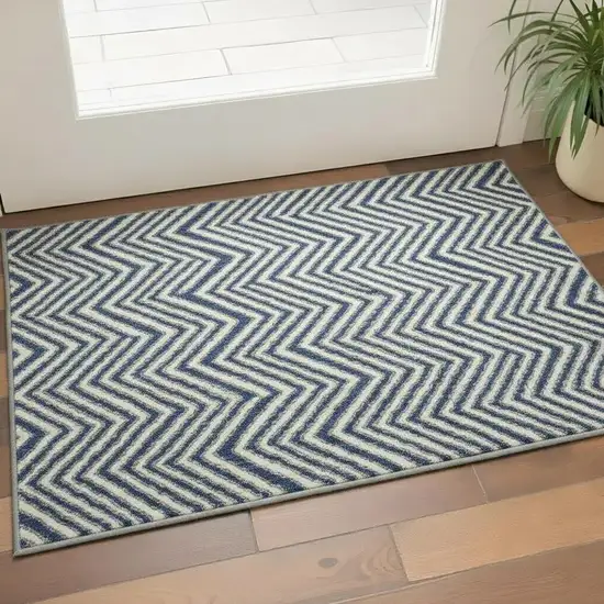 Navy Blue And Ivory Geometric Washable Area Rug With UV Protection Photo 2