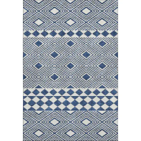 Navy Blue And Ivory Geometric Washable Area Rug With UV Protection Photo 7