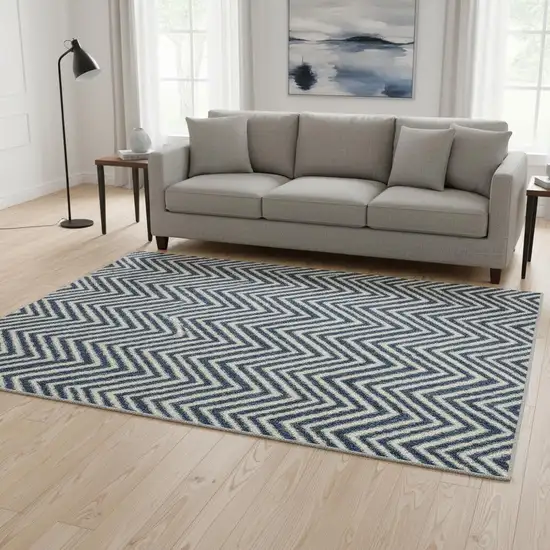 Navy Blue And Ivory Geometric Washable Area Rug With UV Protection Photo 2