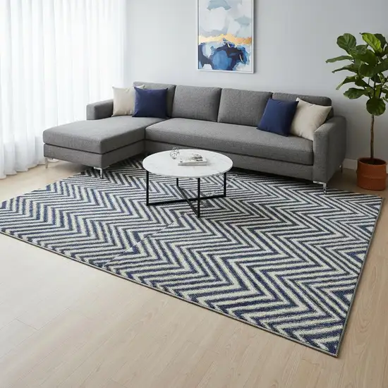 Navy Blue And Ivory Geometric Washable Area Rug With UV Protection Photo 2