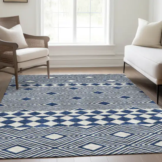 Navy Blue And Ivory Geometric Washable Area Rug With UV Protection Photo 6