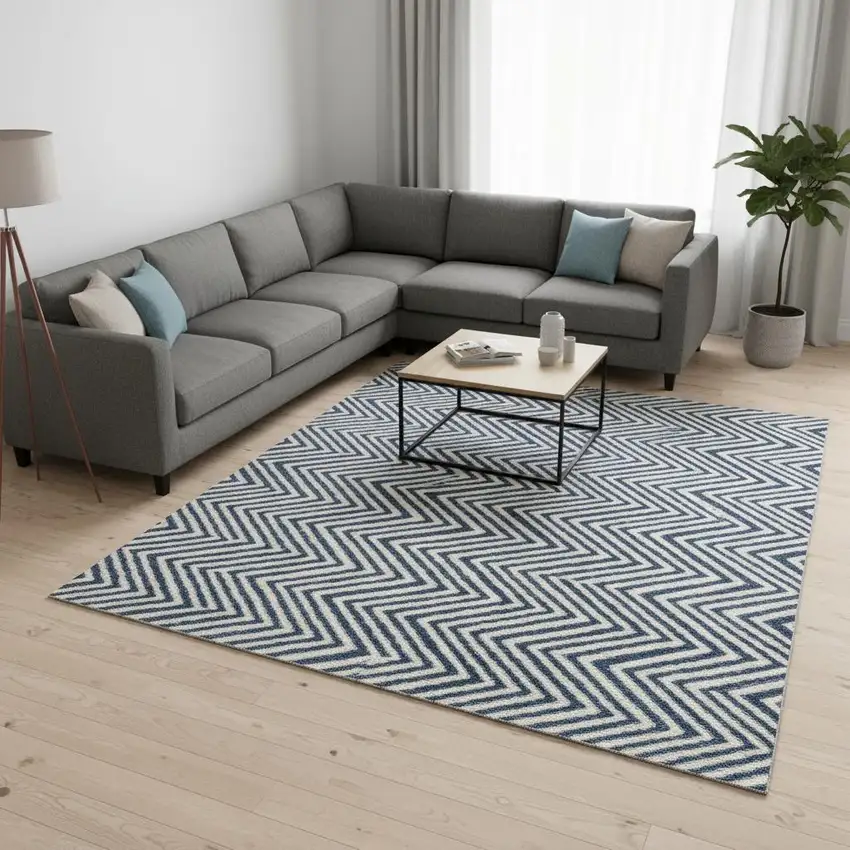 Navy Blue And Ivory Geometric Washable Area Rug With UV Protection Photo 2