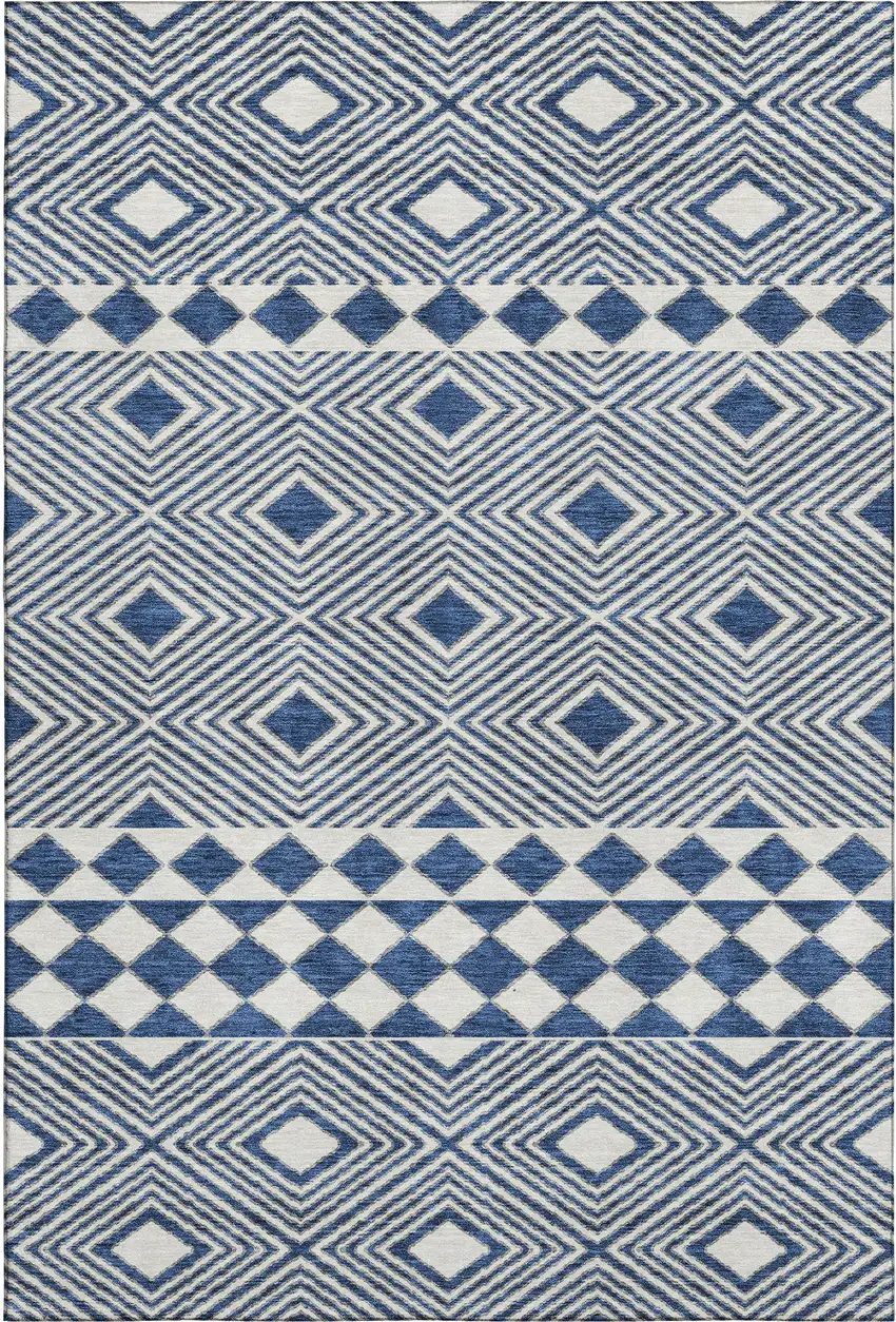 Navy Blue And Ivory Geometric Washable Area Rug With UV Protection Photo 7
