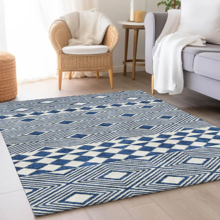 Navy Blue And Ivory Geometric Washable Area Rug With UV Protection Photo 5