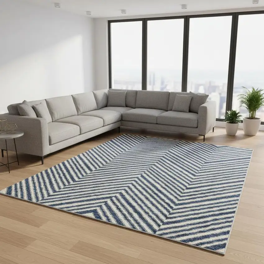 Navy Blue And Ivory Geometric Washable Area Rug With UV Protection Photo 2