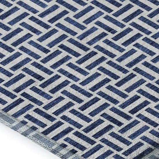 Navy Blue And Ivory Geometric Washable Area Rug With UV Protection Photo 3