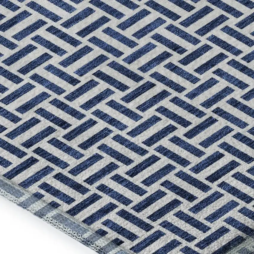 Navy Blue And Ivory Geometric Washable Area Rug With UV Protection Photo 3