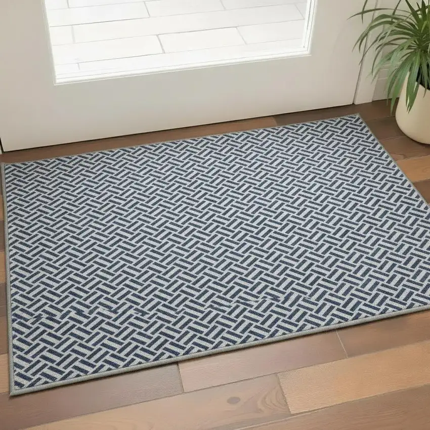 Navy Blue And Ivory Geometric Washable Area Rug With UV Protection Photo 2