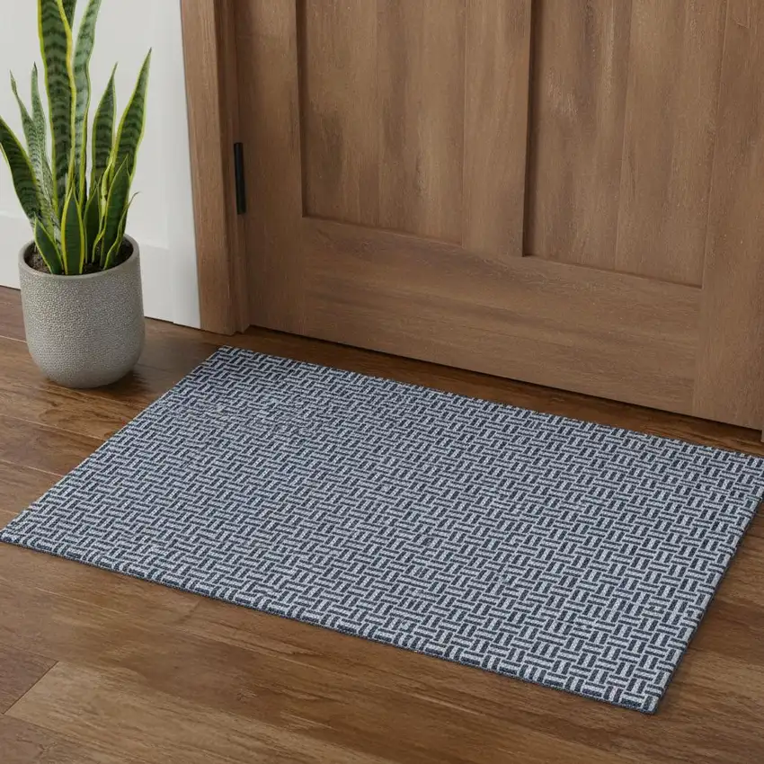 Navy Blue And Ivory Geometric Washable Area Rug With UV Protection Photo 1