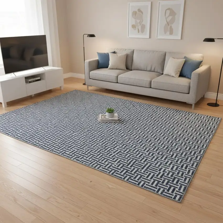 Navy Blue And Ivory Geometric Washable Area Rug With UV Protection Photo 2