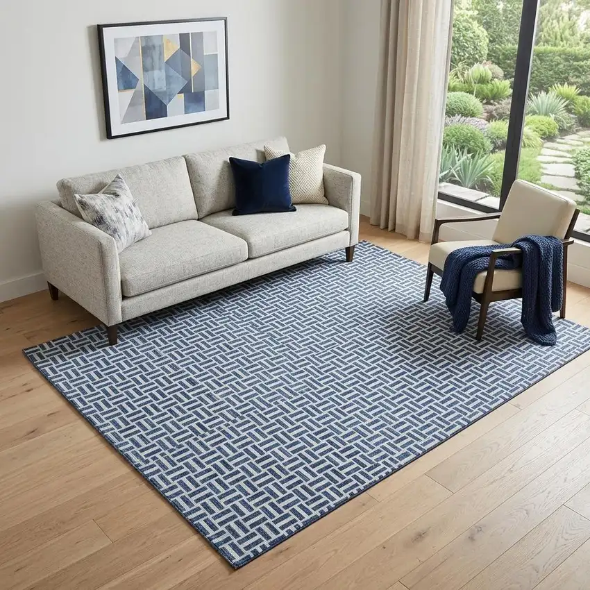 Navy Blue And Ivory Geometric Washable Area Rug With UV Protection Photo 1