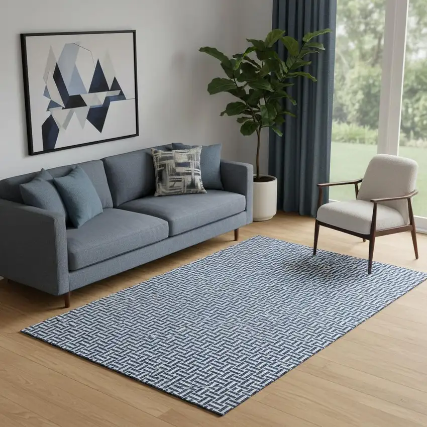 Navy Blue And Ivory Geometric Washable Area Rug With UV Protection Photo 1