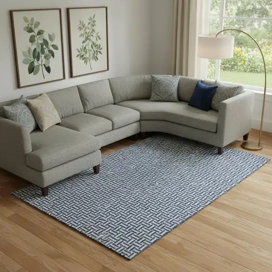 Navy Blue And Ivory Geometric Washable Area Rug With UV Protection Photo 1