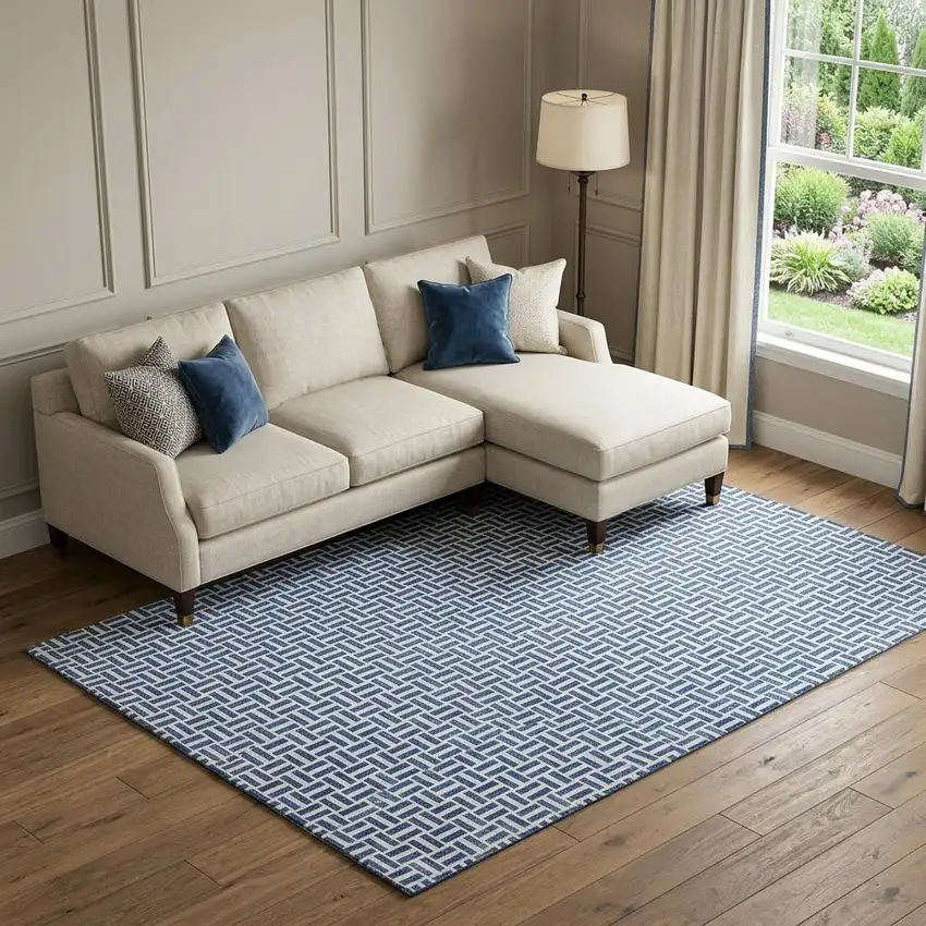 Navy Blue And Ivory Geometric Washable Area Rug With UV Protection Photo 1