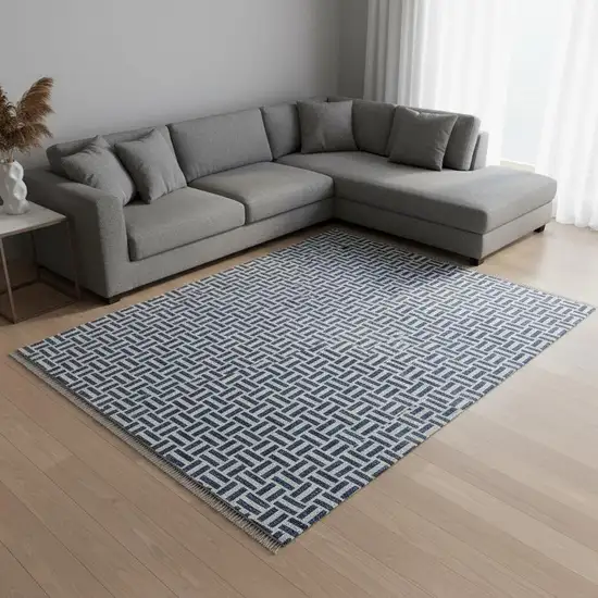 Navy Blue And Ivory Geometric Washable Area Rug With UV Protection Photo 2