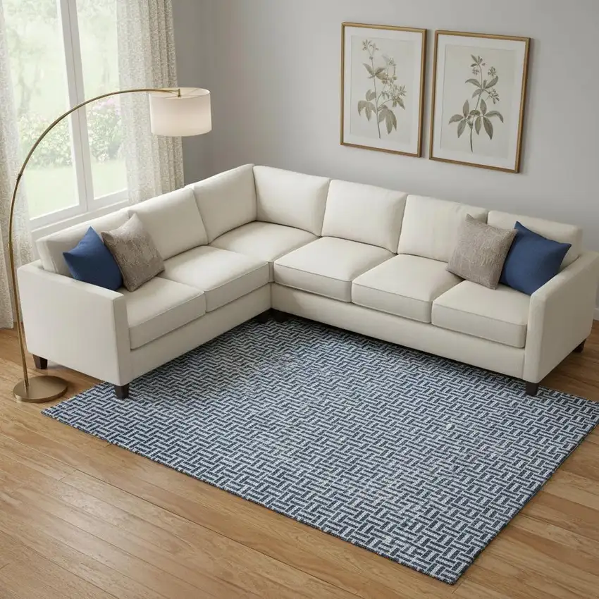 Navy Blue And Ivory Geometric Washable Area Rug With UV Protection Photo 1