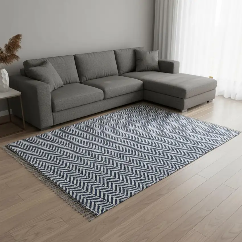 Navy Blue And Ivory Geometric Washable Area Rug With UV Protection Photo 2